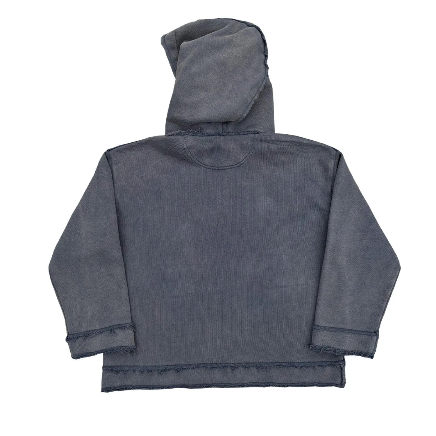 A dark blue zip-front hoodie sweater with a hood, shown on a model.