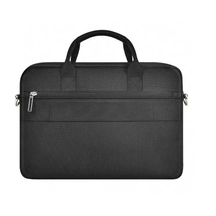 Black Oxford cloth laptop backpack with multiple compartments and a separate padded computer layer.