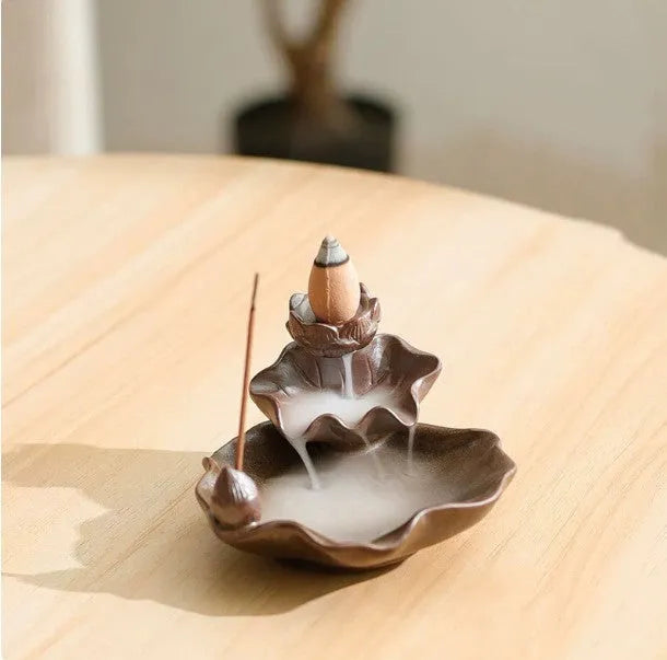 Ceramic reverse flow incense burner with purple clay in traditional Chinese designs