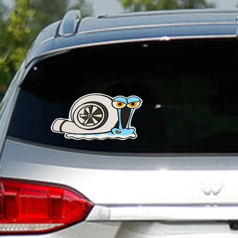 Colourful reflective snail cartoon sticker for car bumper, size 12cm by 8cm.