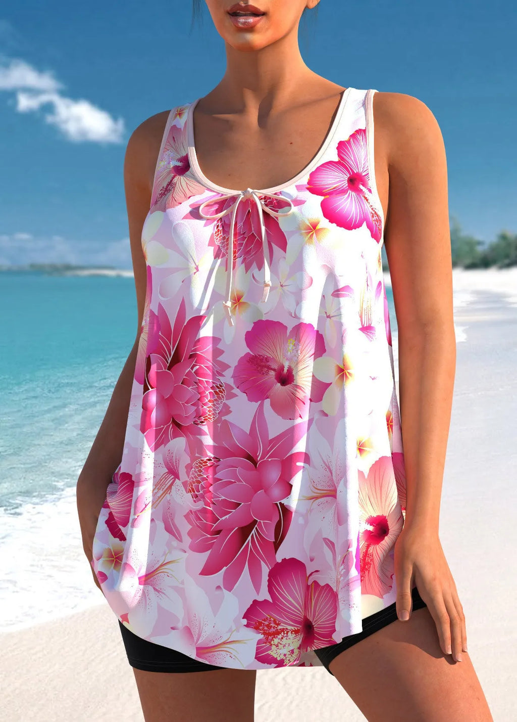 Pink printed tankini swimsuit set with high waist briefs for ladies in sizes S to 5XL