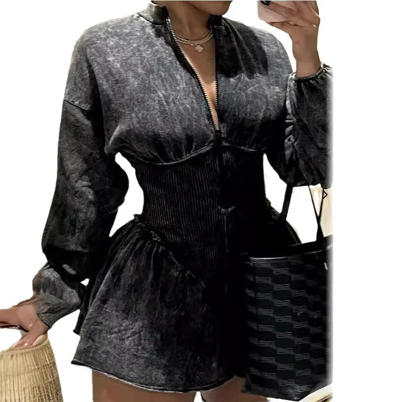 Gray digital print women's dress with drawstring waist and A-line skirt