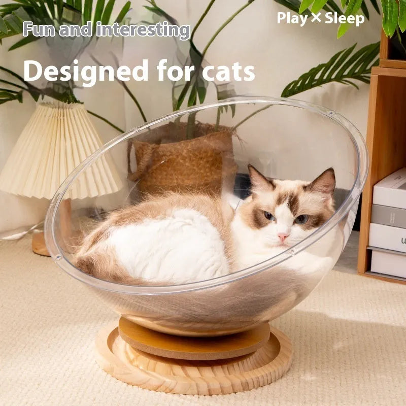 Transparent acrylic cat space capsule bed with turntable base in various sizes