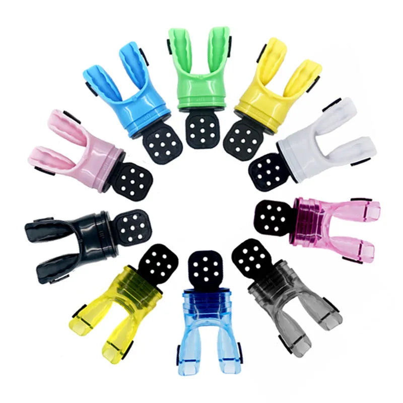 Silicone diving mouthpiece showing 110mm length and multiple colour options including black, blue, and transparent variants