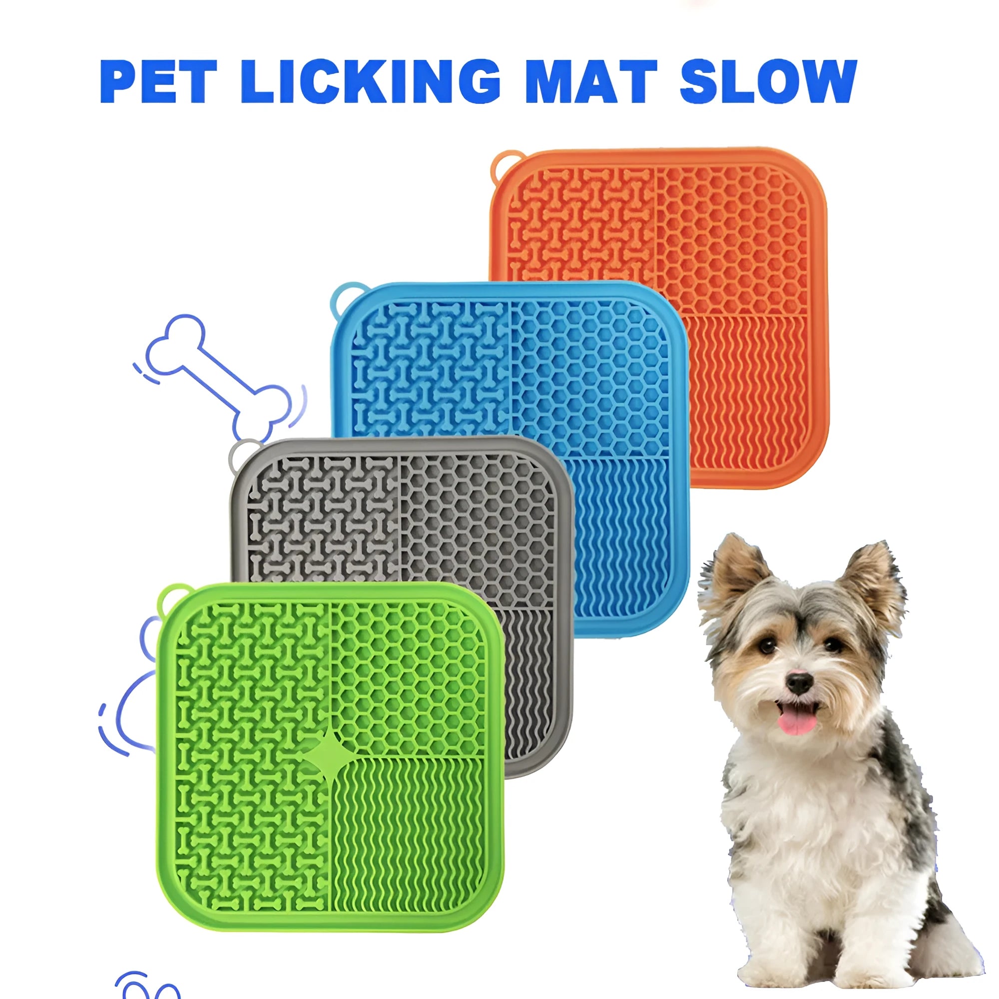 Blue silicone dog licking mat with textured pattern and suction cups on back