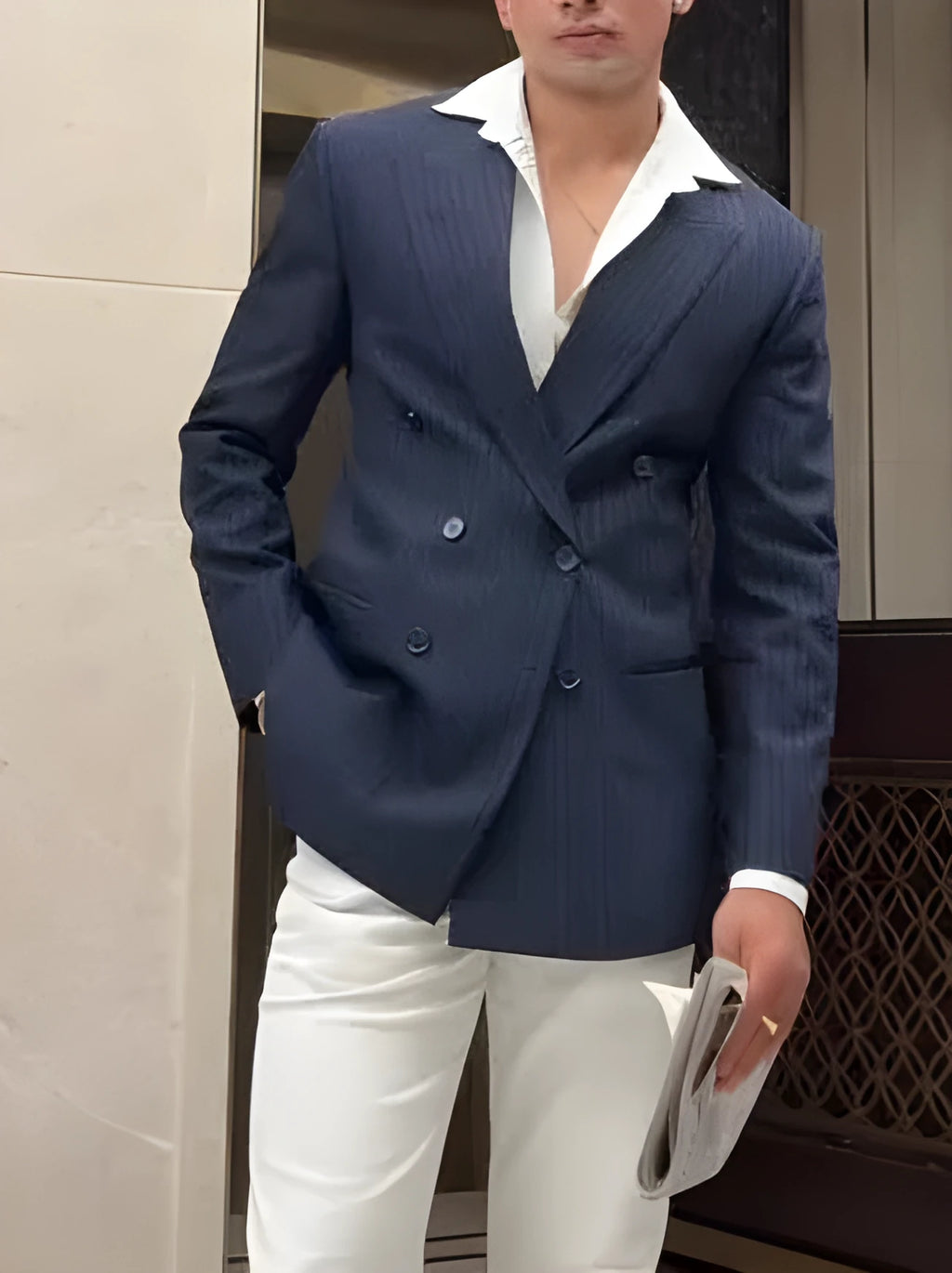 Men's classic stripe double-breasted blazer in regular fit for daily wear
