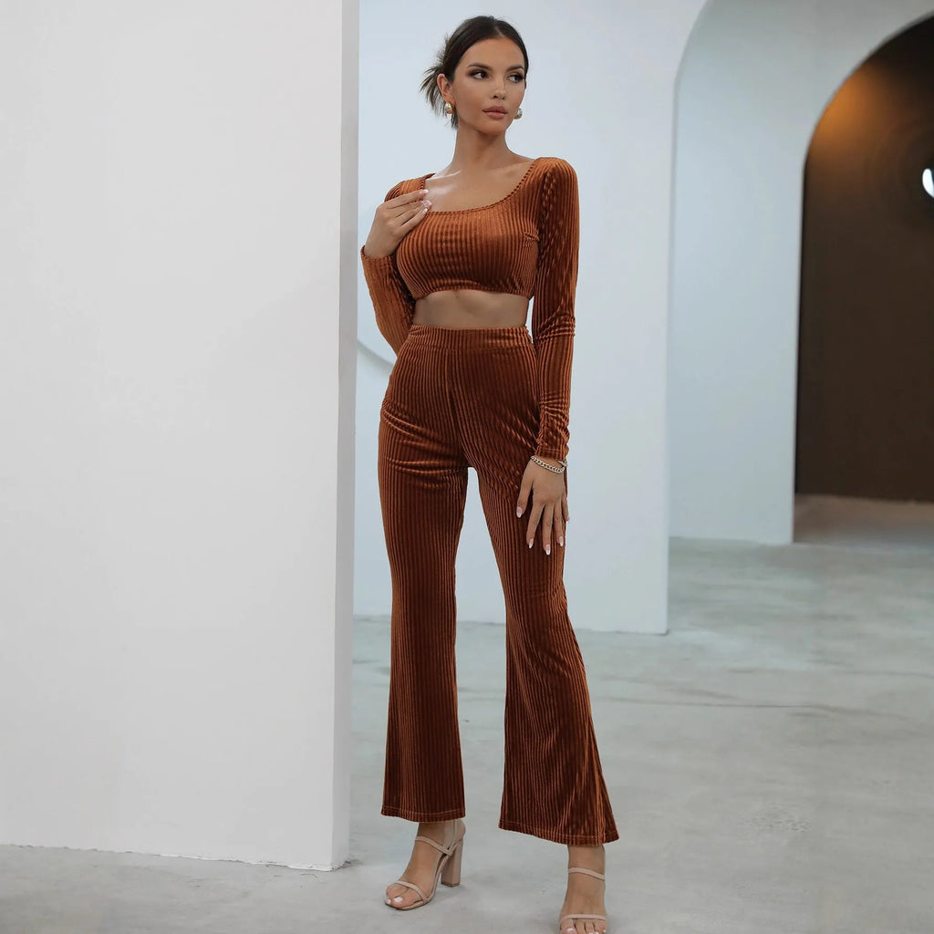 Caramel coloured long sleeve sweater casual set with matching top and trousers on hanger