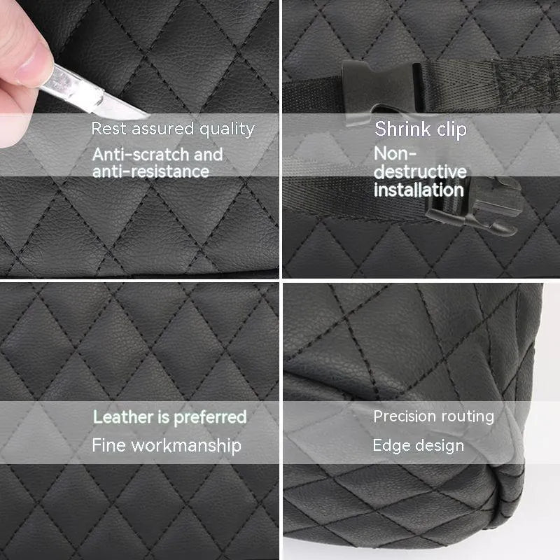 Leather car interior hanging storage bag in colour choice, showing handle and 25cm dimensions.