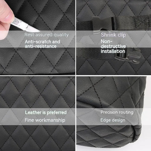 Leather car interior hanging storage bag in colour choice, showing handle and 25cm dimensions.