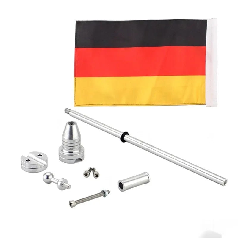 Side-mounted motorbike flagpole for luggage racks in black or silver electroplated finish