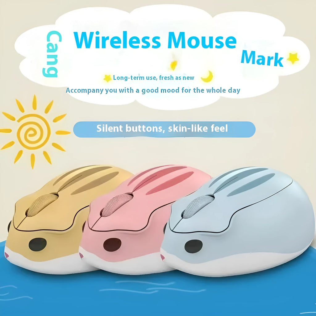 Hamster wireless Bluetooth mute mouse in yellow, pink, or grey colour, showing compact 105mm design