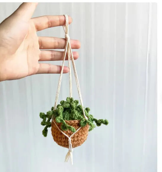 Green and white crochet car plant ornament with 25cm white hanging rope on 8cm basin base