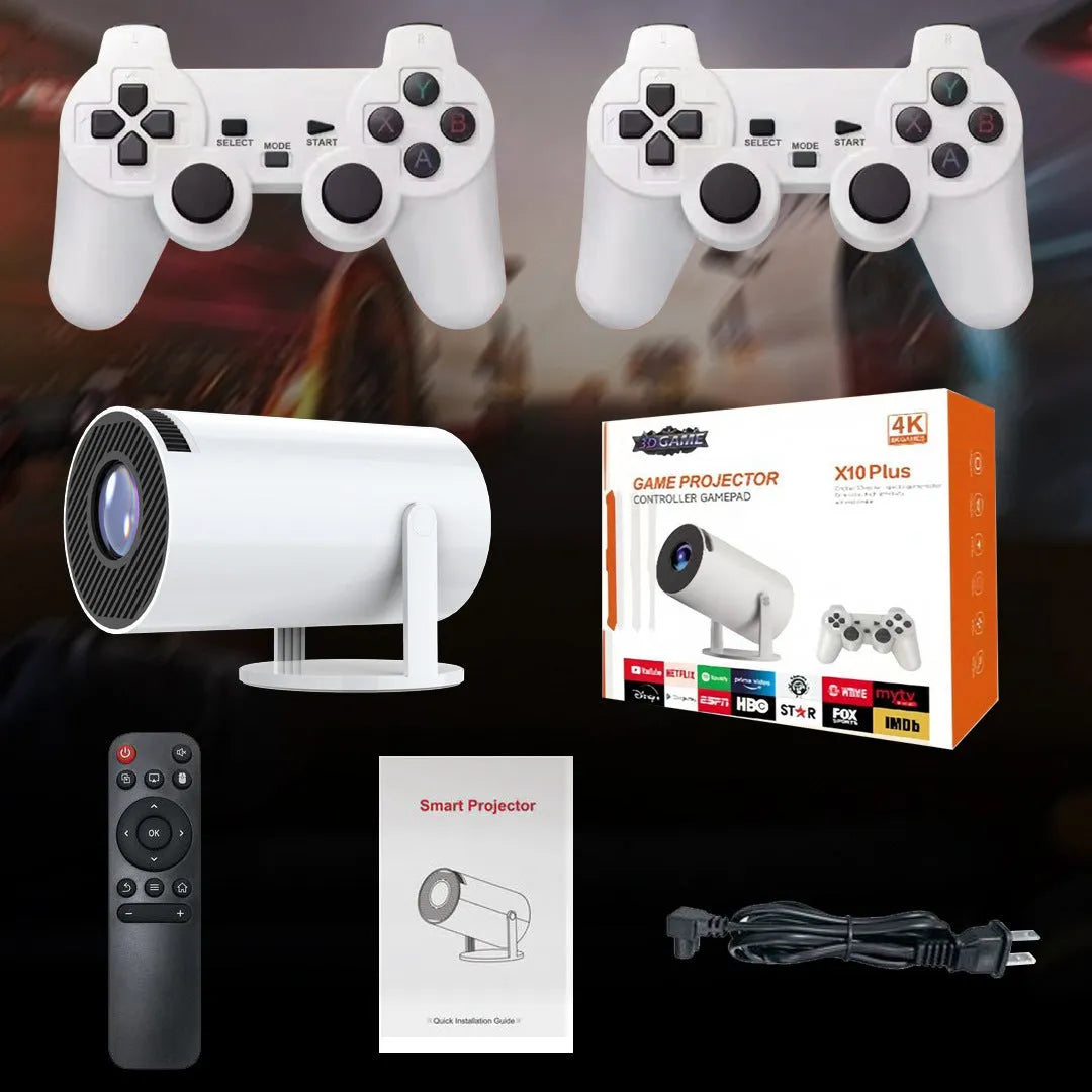 White Barrel X10 PLUS portable smart HD projector with gamepad and remote control on a table.
