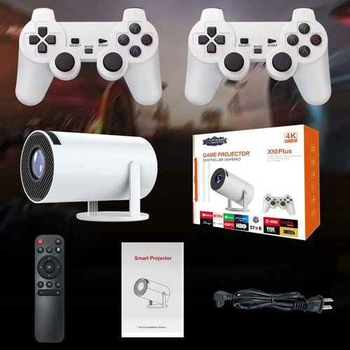 White Barrel X10 PLUS portable smart HD projector with gamepad and remote control on a table.