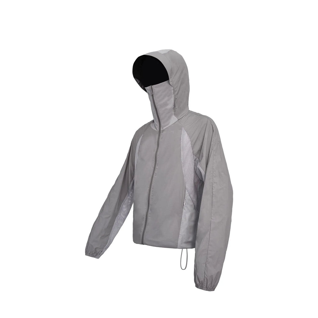 Mesh stitching sun protective nylon clothing in desert brown, red, blue, and light grey colours