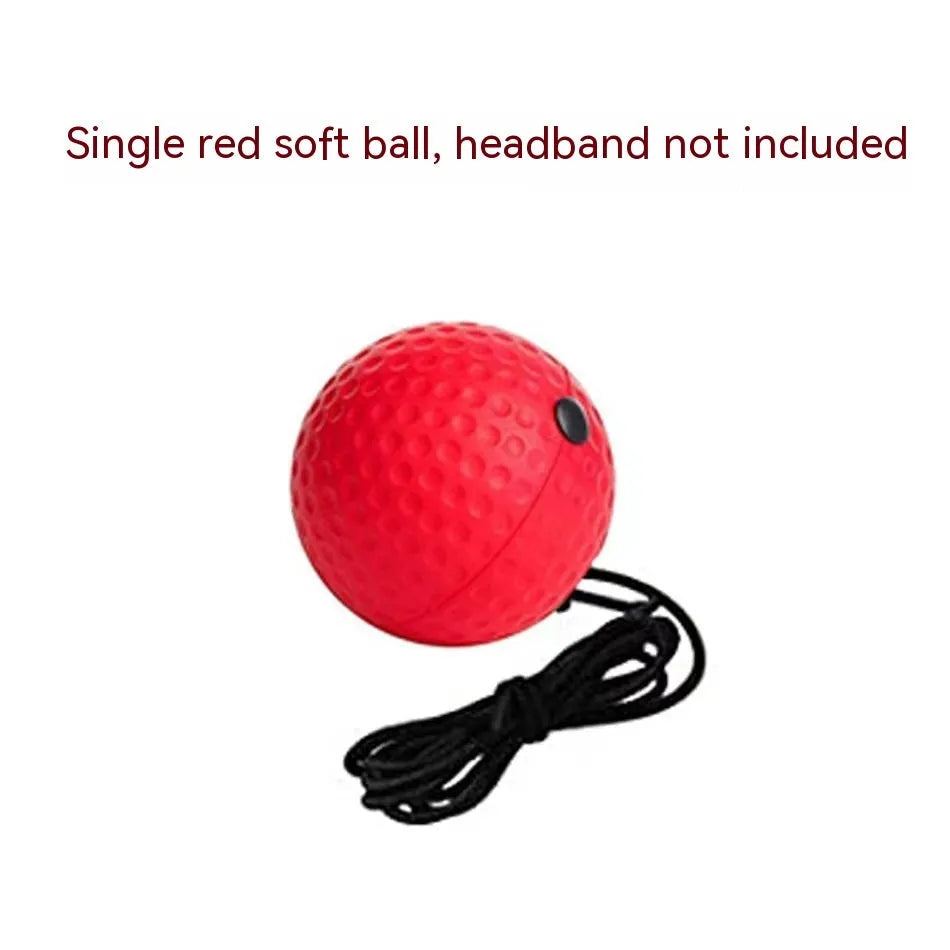 Head-mounted boxing reaction training ball with knitted and rubber adjustable headbands, shown with red, green, and yellow PU balls.