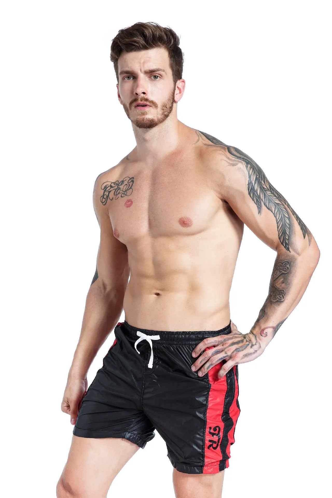 Men's blue lace-up sports shorts with slim fit design and polyester construction