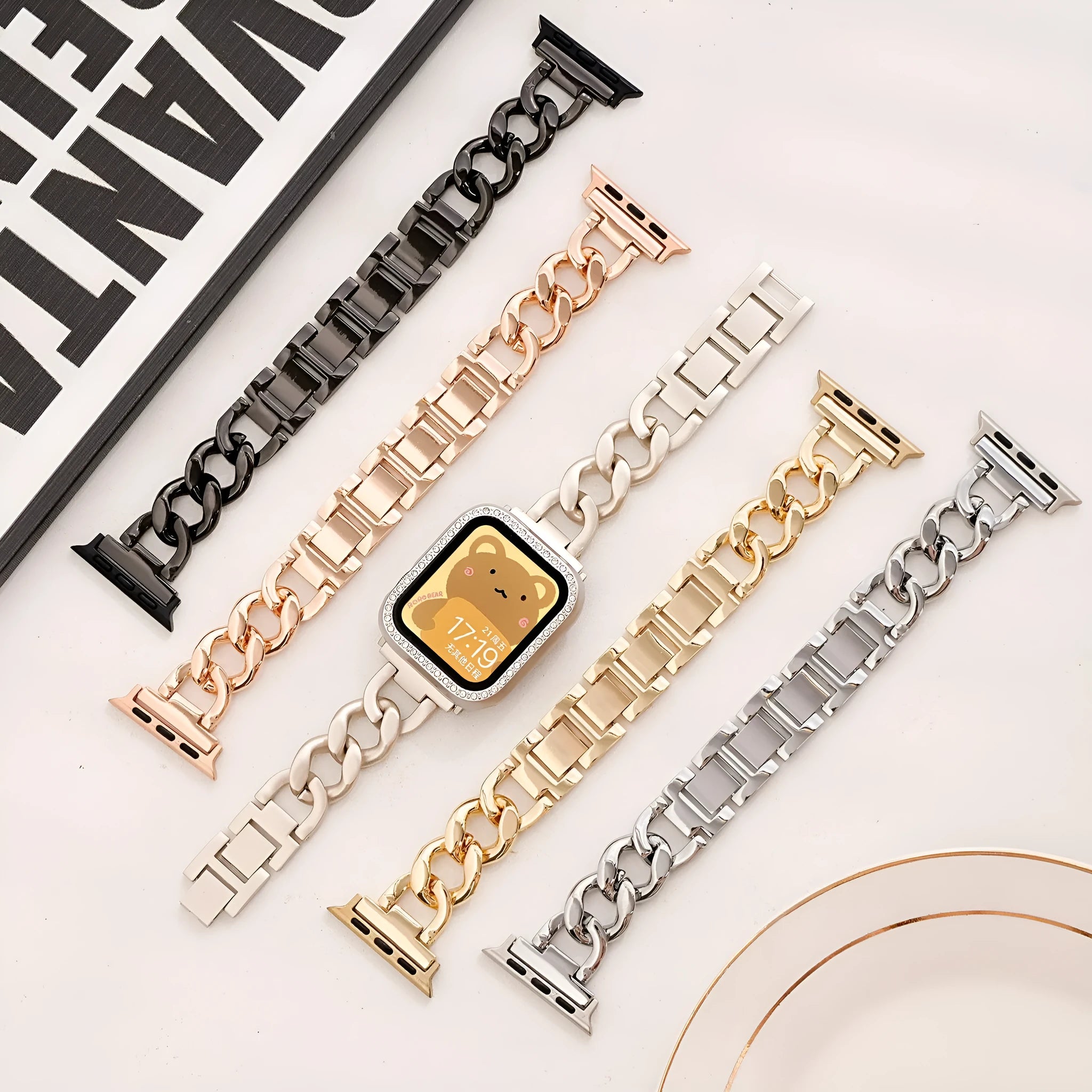 Metal denim chain link Apple watch strap in silver, black, gold, rose gold and Starlight colours
