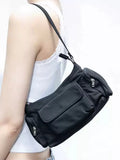 Simple black lightweight PU women's shoulder bag with double pockets and side line detail.