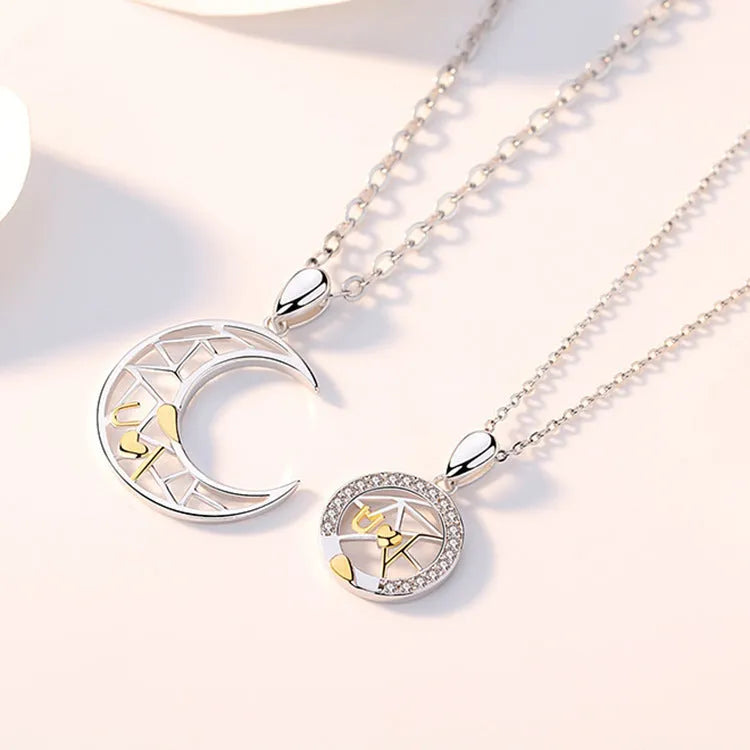 Red sun moon couple necklace with copper pendants on cross chain