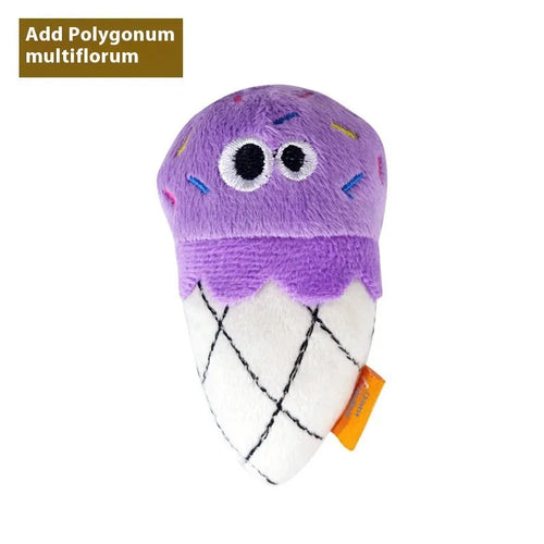 Catnip-filled plush cat toy in six food shapes: burrito, cone, cucumber, mushroom, pineapple, and pizza