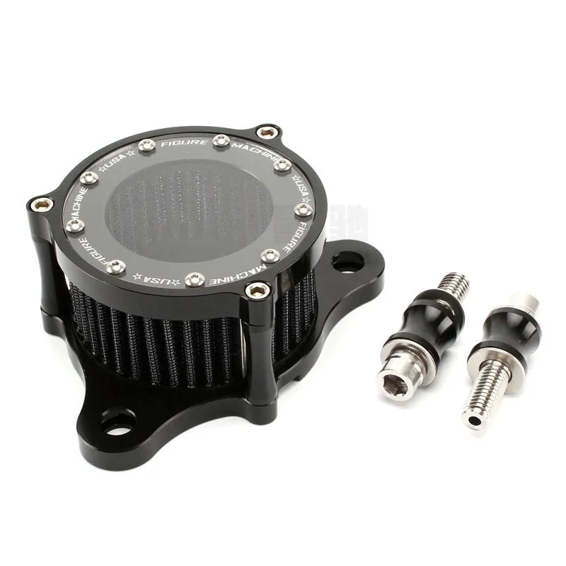 CNC aluminium retro motorcycle air filter with glass window for Harley Sportster, showing black and red filter element options.