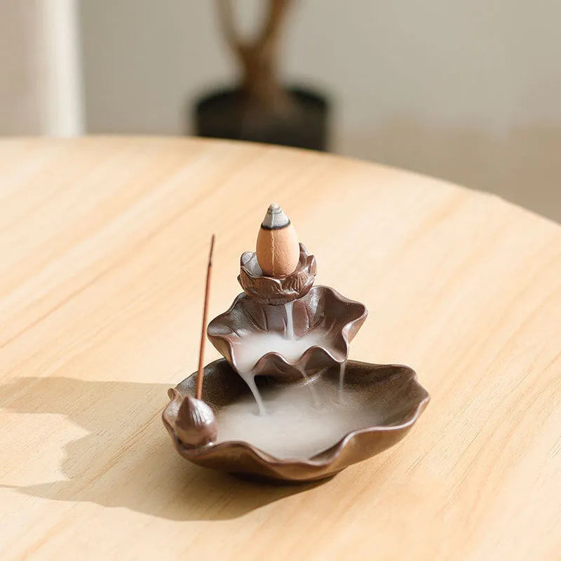 Ceramic reverse flow incense burner with purple clay in traditional Chinese designs