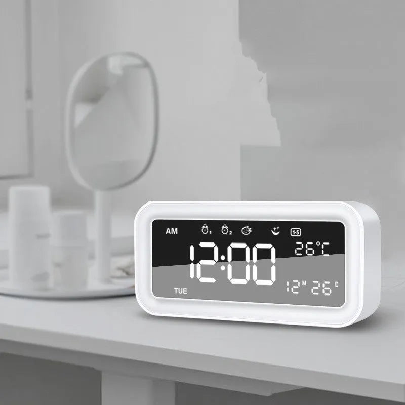Rectangular LED digital alarm clock with multicolour ambient lighting and quartz glass display in blue colour