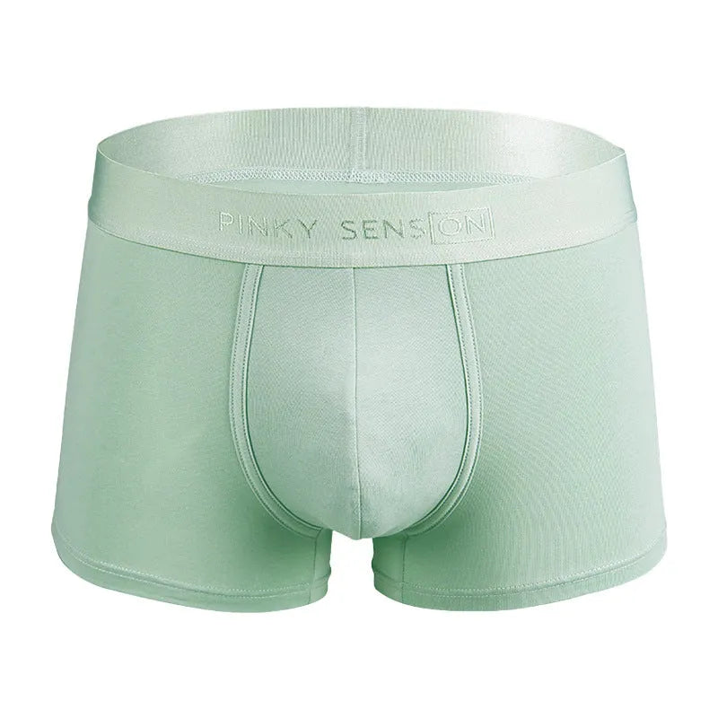 Men's solid colour cotton boxers in black, white, silver grey, and light green laid flat