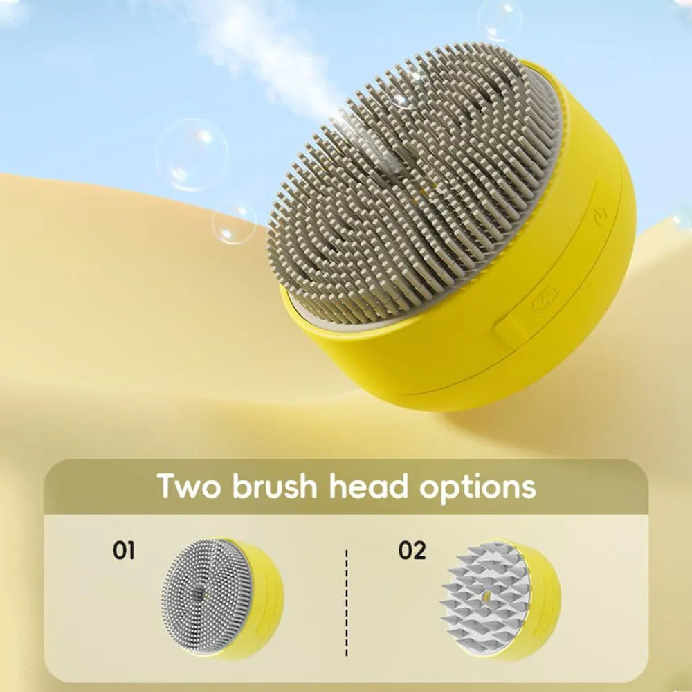 Green and yellow rechargeable 3-in-1 cat steam brush for removing tangled hair