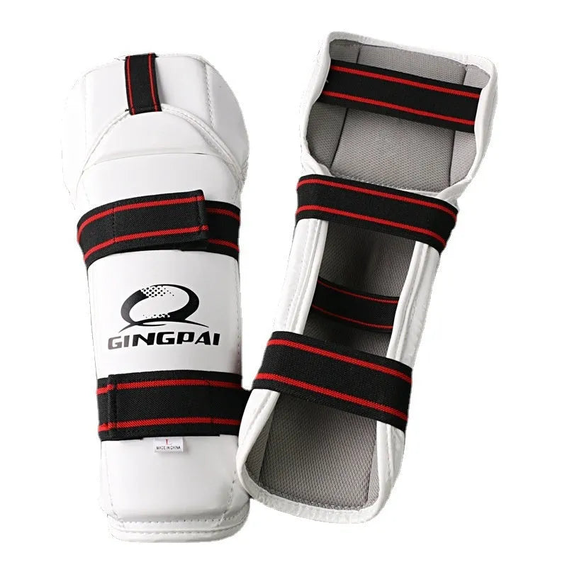 Taekwondo protective gear set showing leg guards and arm guards in PU EVA material