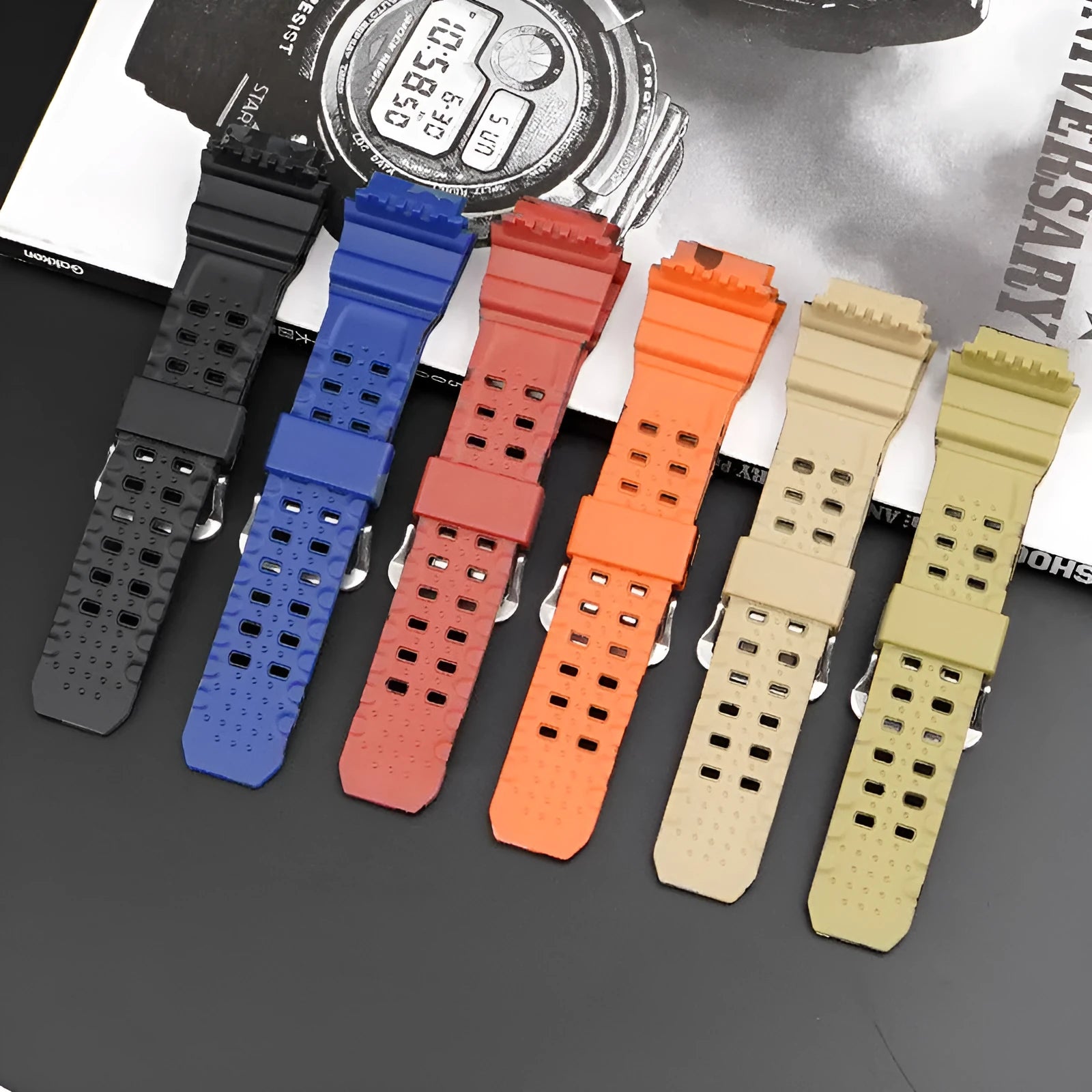 Camouflage pattern TPU watch strap with silver buckle showing 12+7cm length