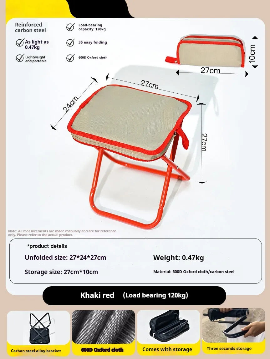 Outdoor foldable pencil box stool with Oxford cloth seat shown in khaki colour, folded and unfolded.