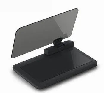 Grey universal smartphone car holder for hands-free navigation display on a reflective organic glass panel.
