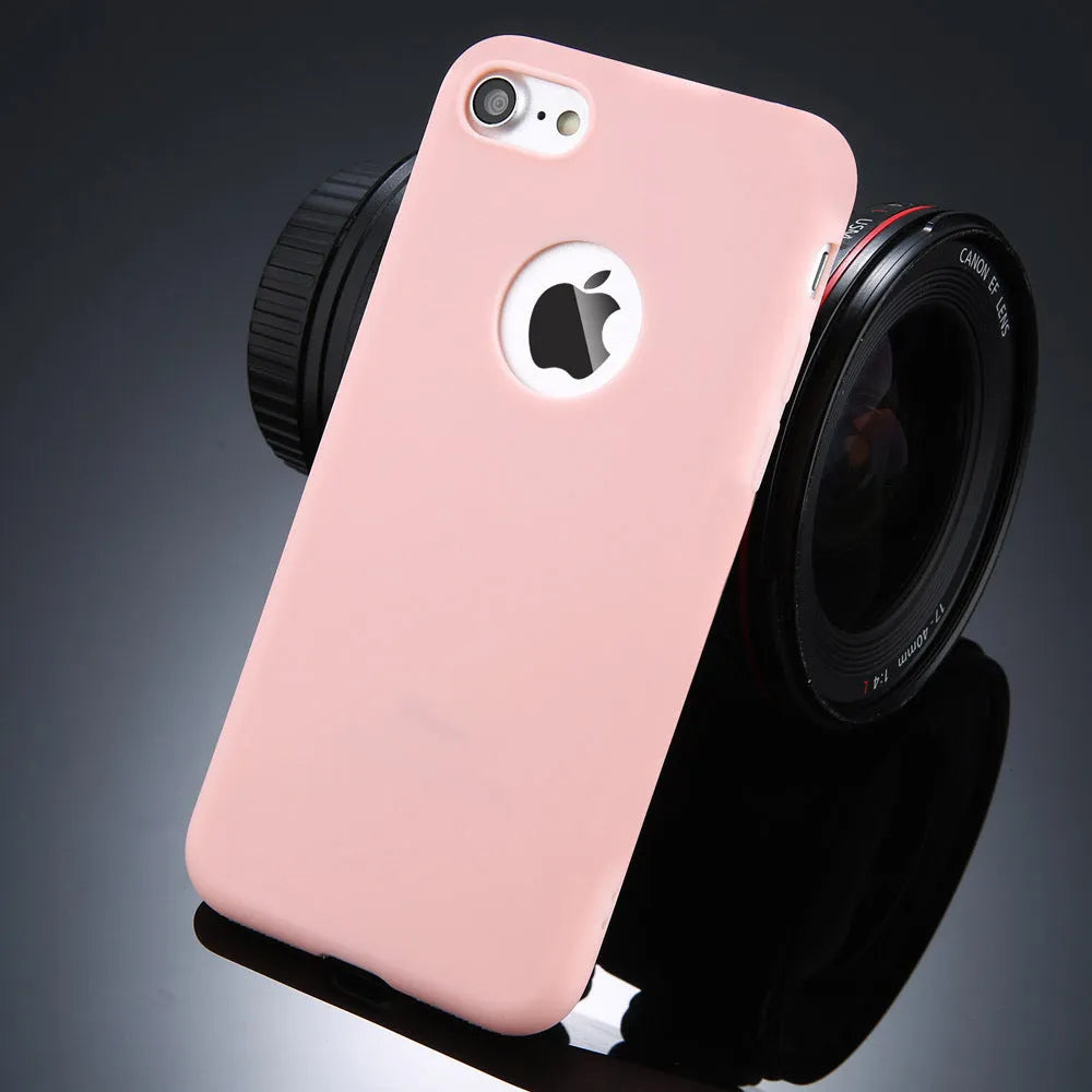 Soft silicone iPhone case in candy colours showing front and back views on iPhone model