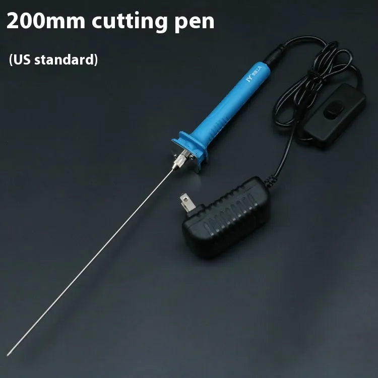 Blue plastic-handled electric heating cutter pen with adapter for cutting foam and polystyrene.