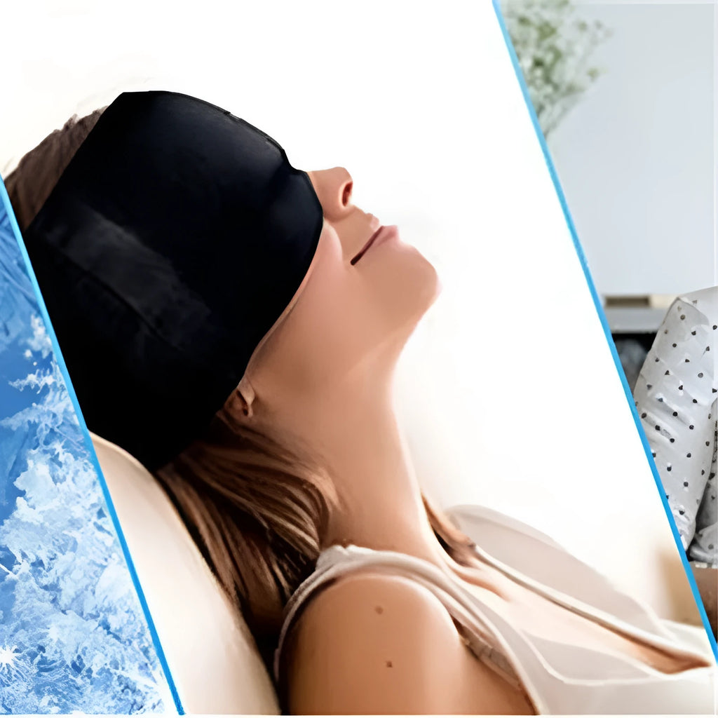 Black elastic gel eye mask with adjustable head strap for cold compress headache relief