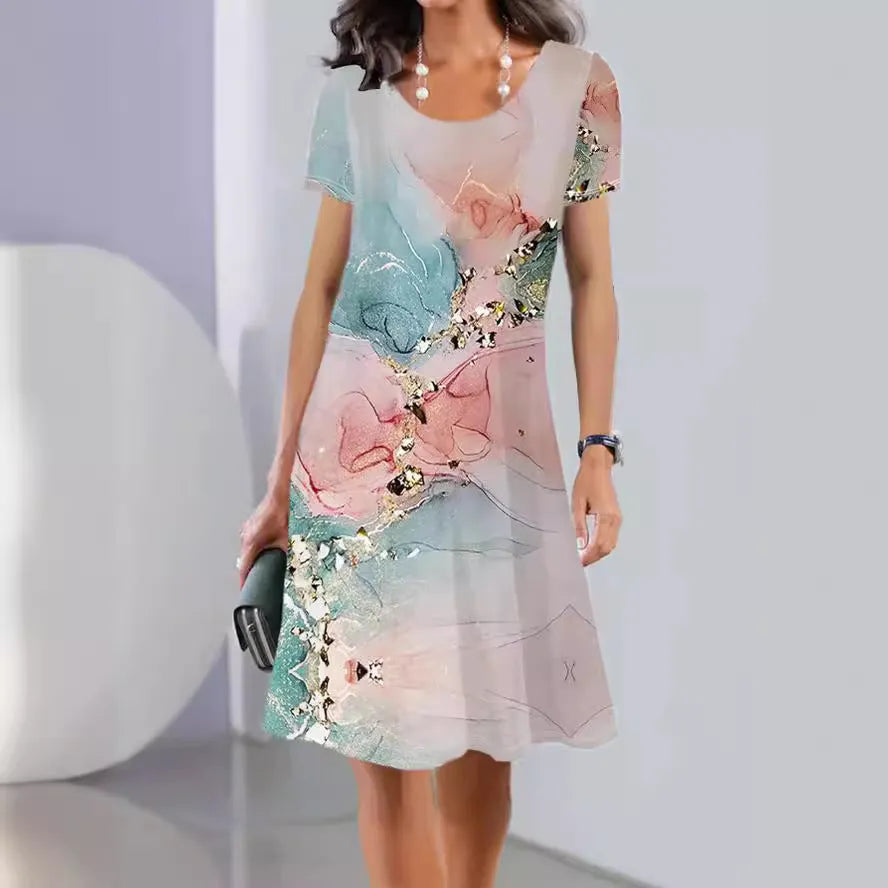 Mid-length A-line summer dress with botanical prints on polyester ice silk fabric with short sleeves and round neckline