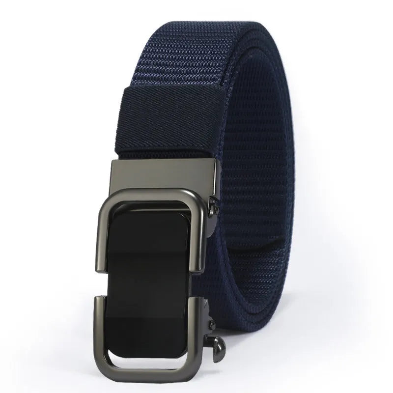 Men's nylon canvas belt with a silver toothless alloy buckle on a grey strap.