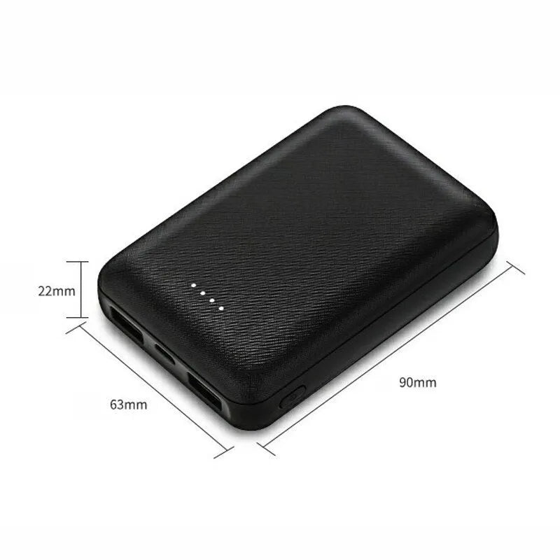 Black or white ultra-thin 10000mAh power bank with multiple USB ports, dimensions 90x63x22mm.