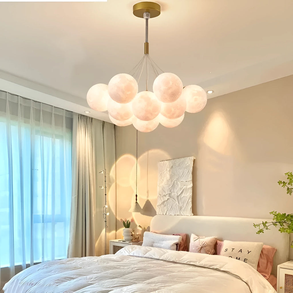 Nordic moon bubble LED chandelier with iron frame and PMMA lampshade in gold or black finish