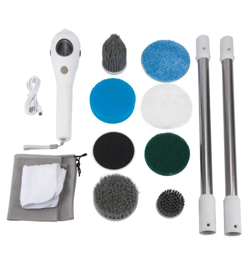 White rechargeable handheld cleaning brush with multiple plug options