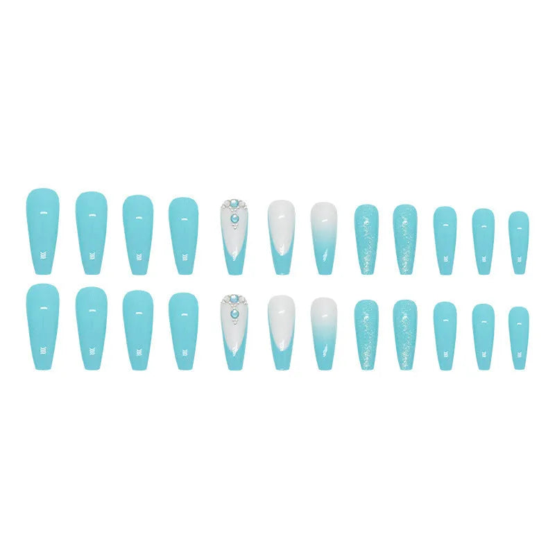 Long ballet shape artificial nails in solid smart blue diamond colour with nail glue bottle.