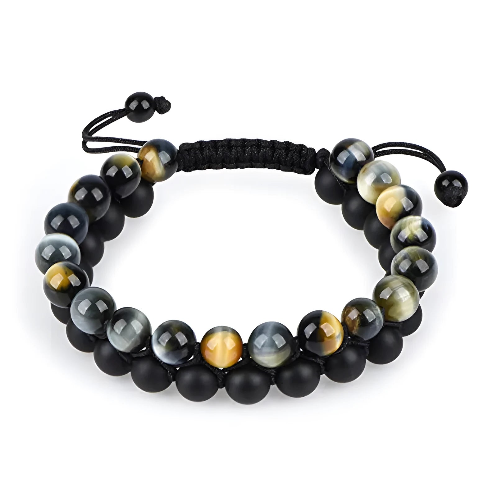 Geometric couple bracelet made of matte black agate beads with a tiger eye stone.