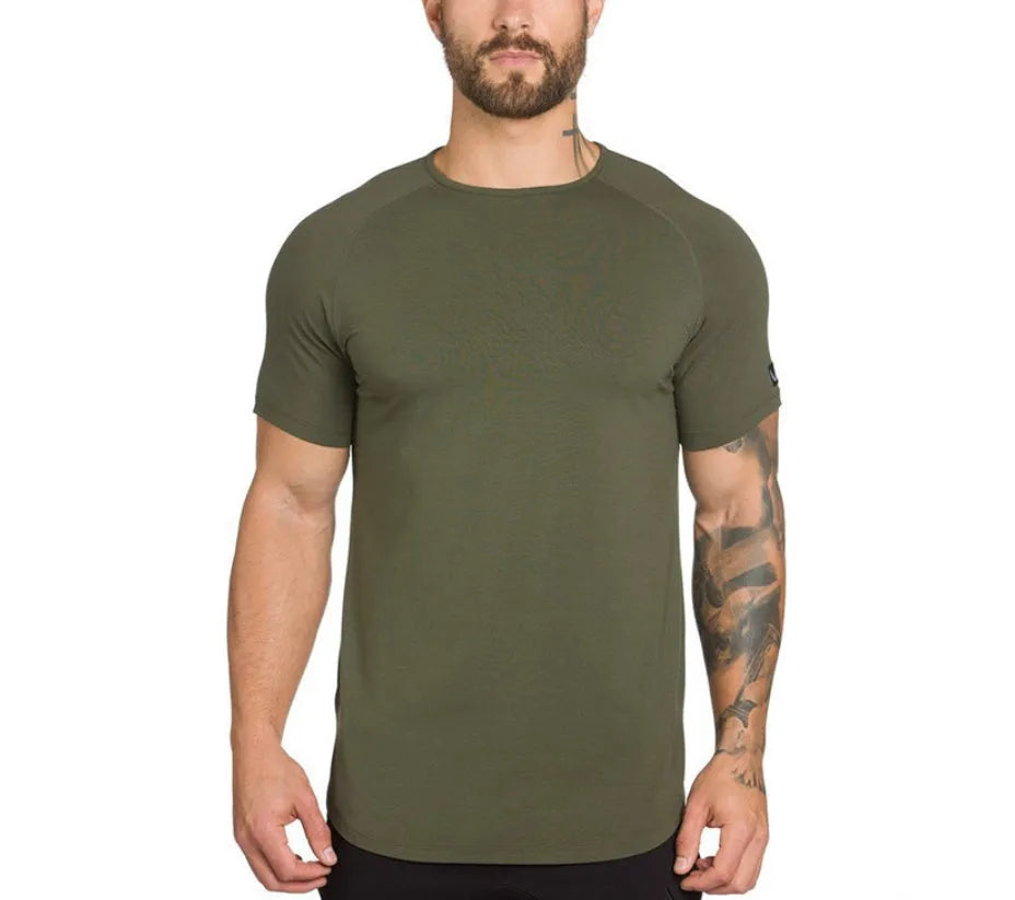 Mens plain gym shirt in cotton spandex blend showing colour and letter options