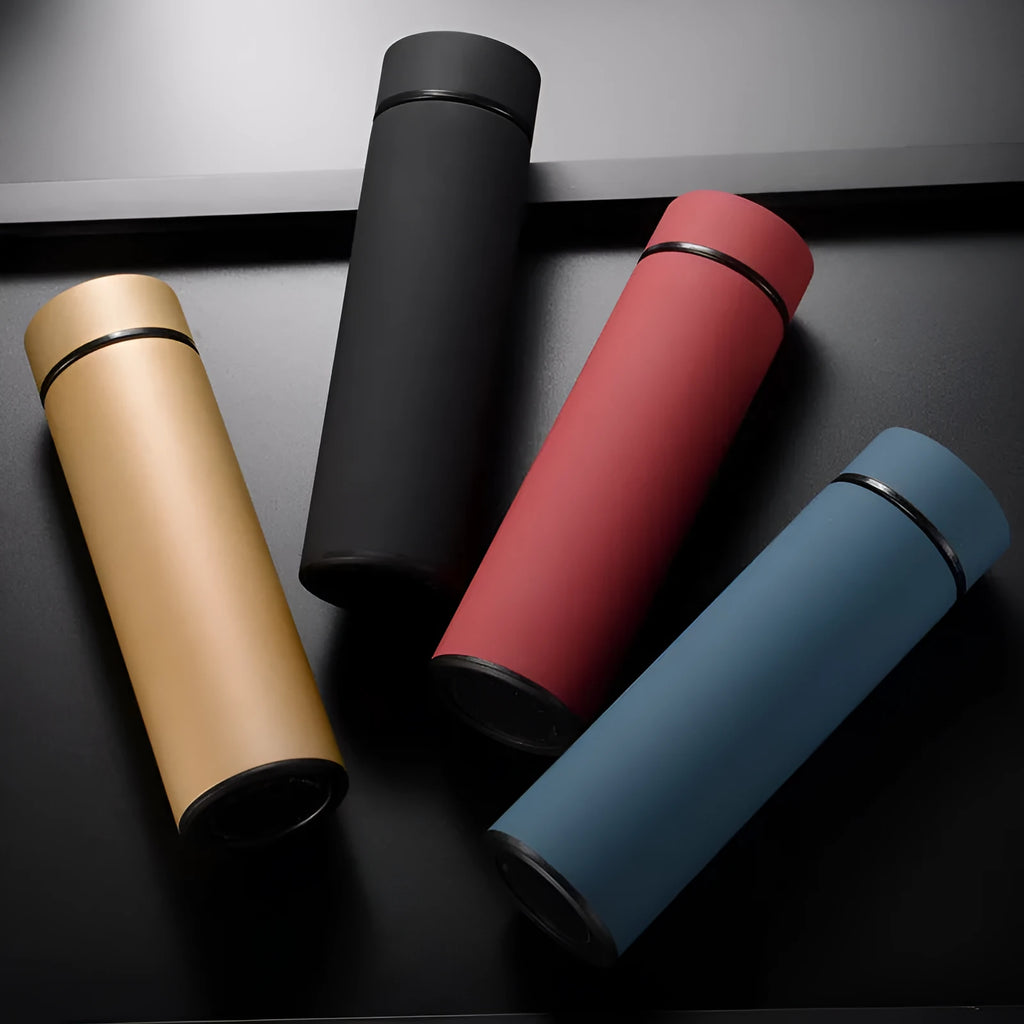 450ml stainless steel insulated water bottle in blue with optional temperature display on lid.