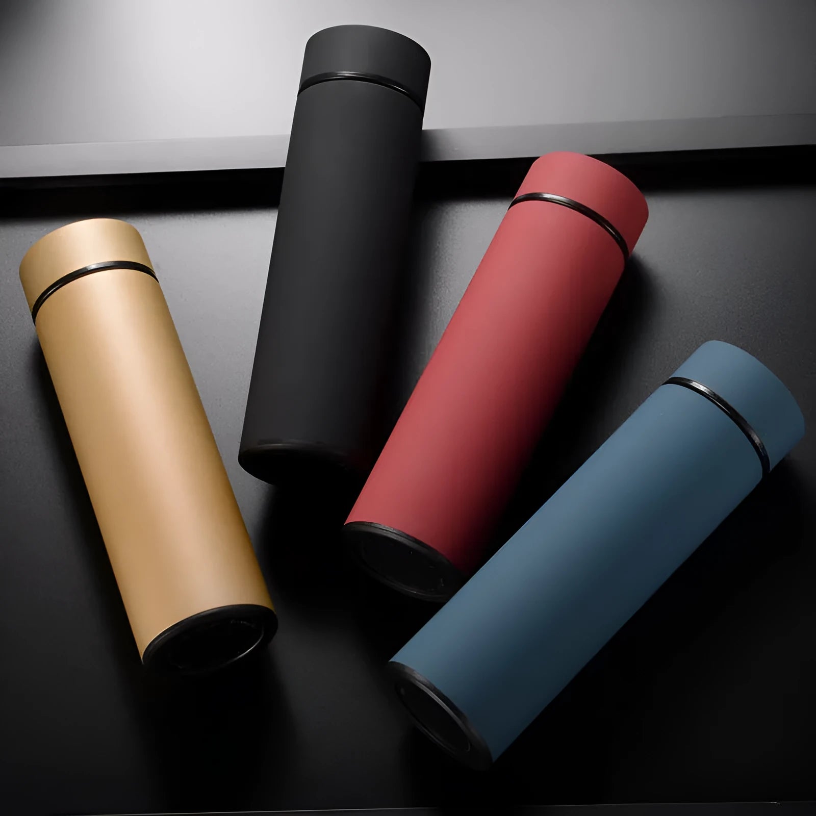 450ml stainless steel insulated water bottle in blue with optional temperature display on lid.