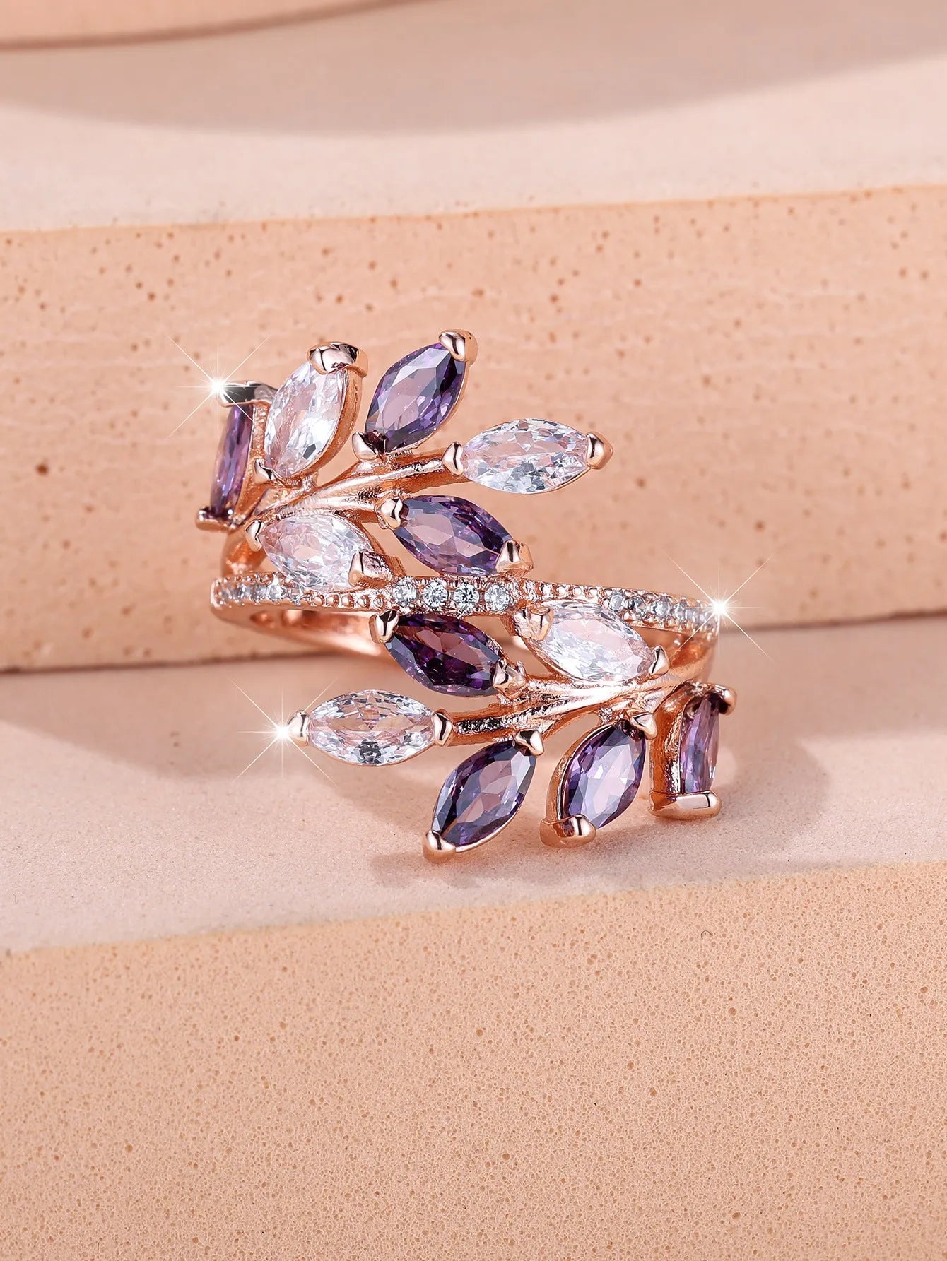 Adjustable copper leaf ring with horse eye zircon stone in multiple colour options