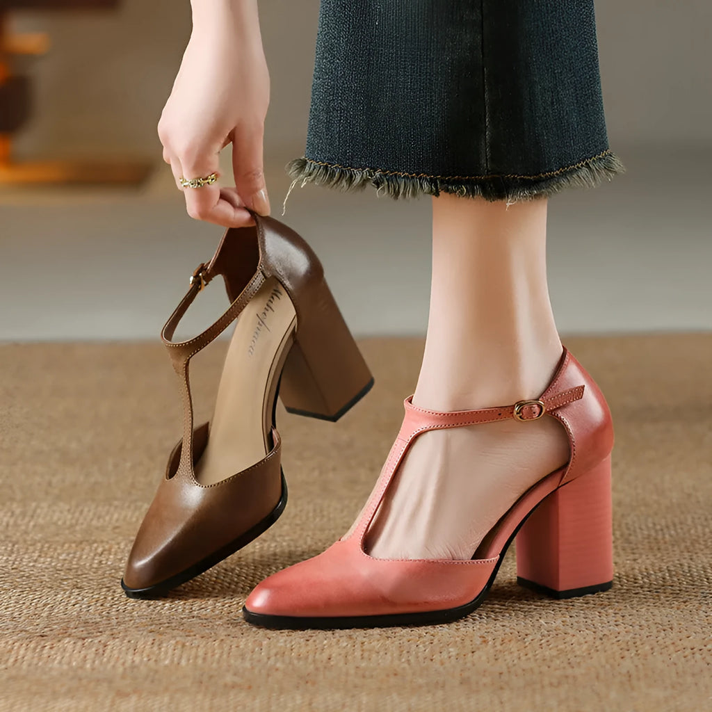 Women's pink and dark brown pointed toe Mary Jane shoes with buckle fastening