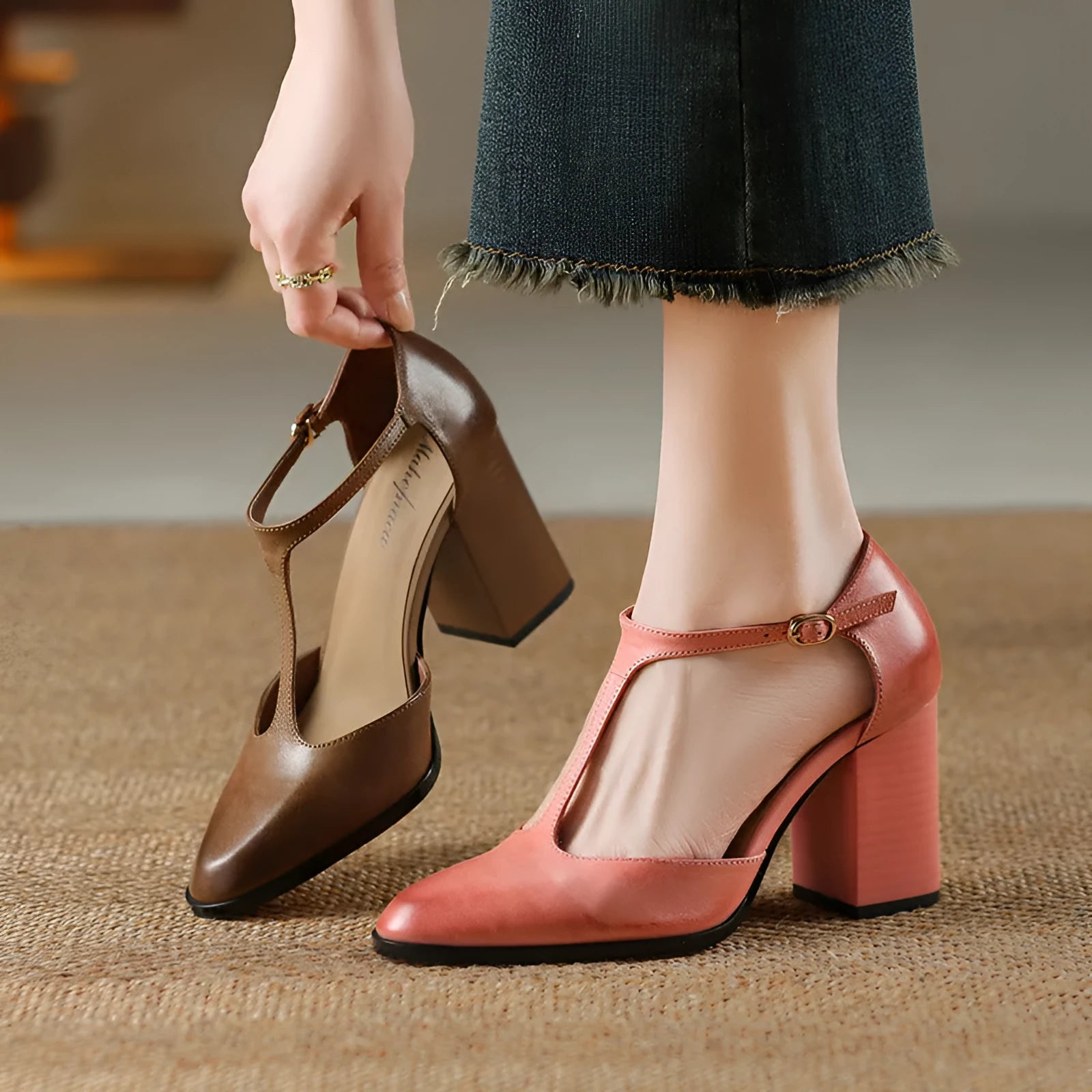 Women's pink and dark brown pointed toe Mary Jane shoes with buckle fastening
